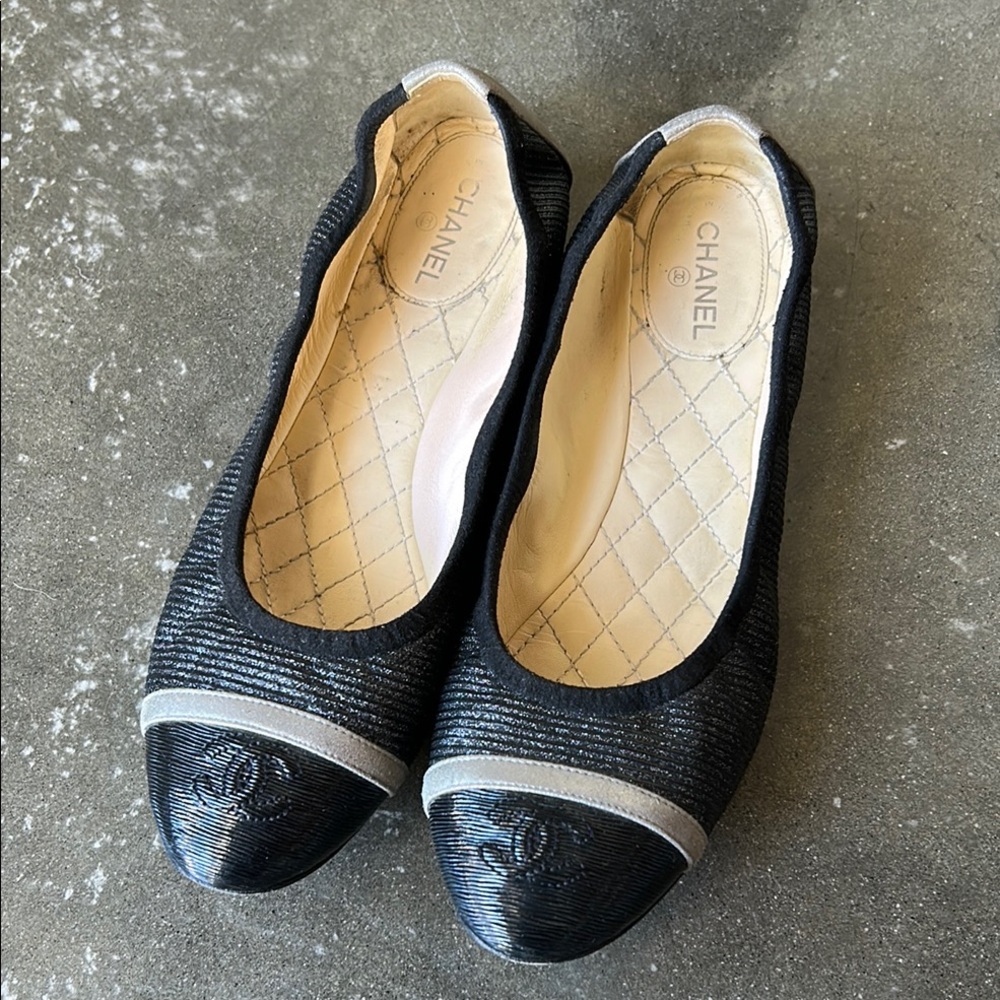 Chanel Black and Silver Textured Flats